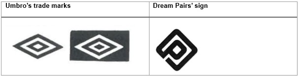 Umbro's trade marks and Dream Pairs' sign comparison
