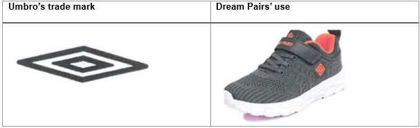 Umbro's trade mark and Dream Pairs' use