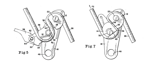 EP0398819B1, showing the original GriGri in its open position (Fig. 5) and closed position (Fig. 7).