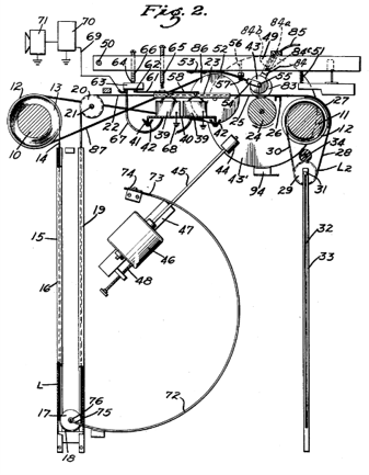 Diagram showing the mechanism operating the tape for each key of the Chamberlin.